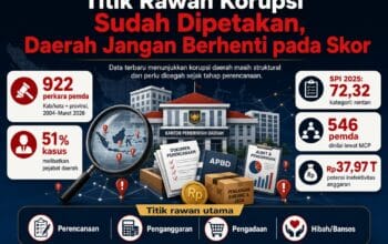 Infografik merangkum data KPK, Kemendagri, dan BPKP tentang perkara korupsi daerah, skor SPI, MCP, dan potensi inefektivitas anggaran.